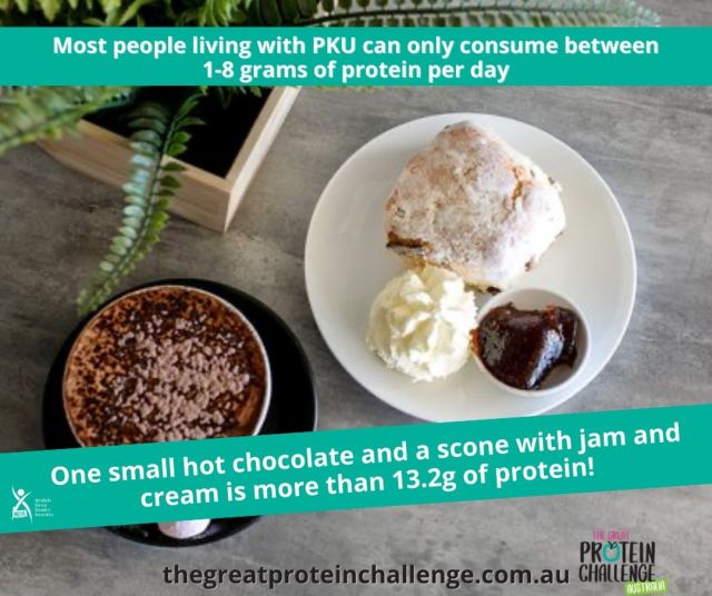 For most people the start of winter means enjoying afternoon treats like this! Unfortunately not for those with PKU/IEM ð A small hot chocolate and a scone with jam and cream is more than double the protein allowance of those on a low protein diet!
There is multiple ways to get involved in the Great Protein Challenge to help raise awareness for the individuals living with a protein IEM!
EXTENDED INTO JUNE!
-Sign up to PLAY
-PLEDGE your support
-Contact your local MP to take on the Challenge
-Reach out to the media
https://thegreatproteinchallenge.com.au/
#howlowcanyougo #greatproteinchallenge #lowpro