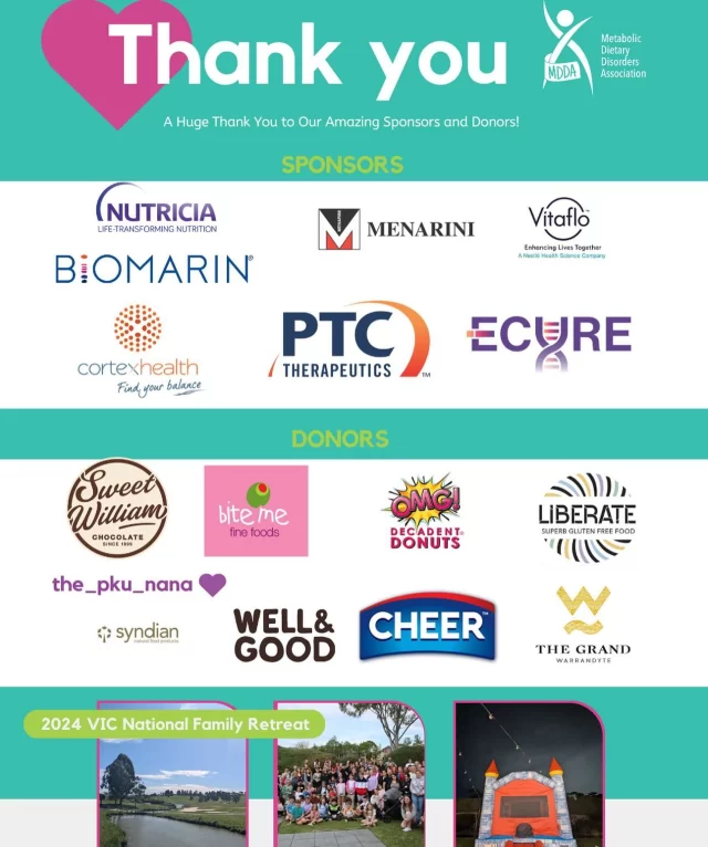 🌟 A Huge Thank You to Our Amazing Sponsors and Donors! 🌟
We are incredibly grateful to all our sponsors who made the 2024 MDDA National Family Retreat an unforgettable experience for everyone involved. Your support has allowed us to bring the IEM community together, share knowledge, and create lasting memories for those who attended.
A special shoutout to our sponsors: BioMarin, Cortex Health, iECURE, Menarini, Nutricia, PTC Therapeutics, VitafloWe also want to recognise the following companies who provided delicious treats: Well and Good, OMG Donuts, Liberate Foods, Sweet William Chocolate, Cheer Cheese, Syndian, Bite Me Fine FoodsA huge shout out to Pauline PKUNana and The Grand Hotel Warrandyte for the delicious low protein menu, preprepared with care and love!Thank you for being part of our mission to support families living with IEMs. We couldn’t have done this without your generosity and commitment!
#MDDA #FamilyRetreat #Gratitude #ThankYou #CommunitySupport